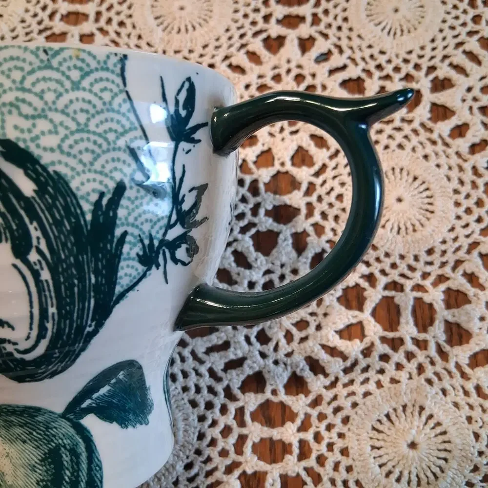 Anthropologie mug unicorn birds cream green coffee tea